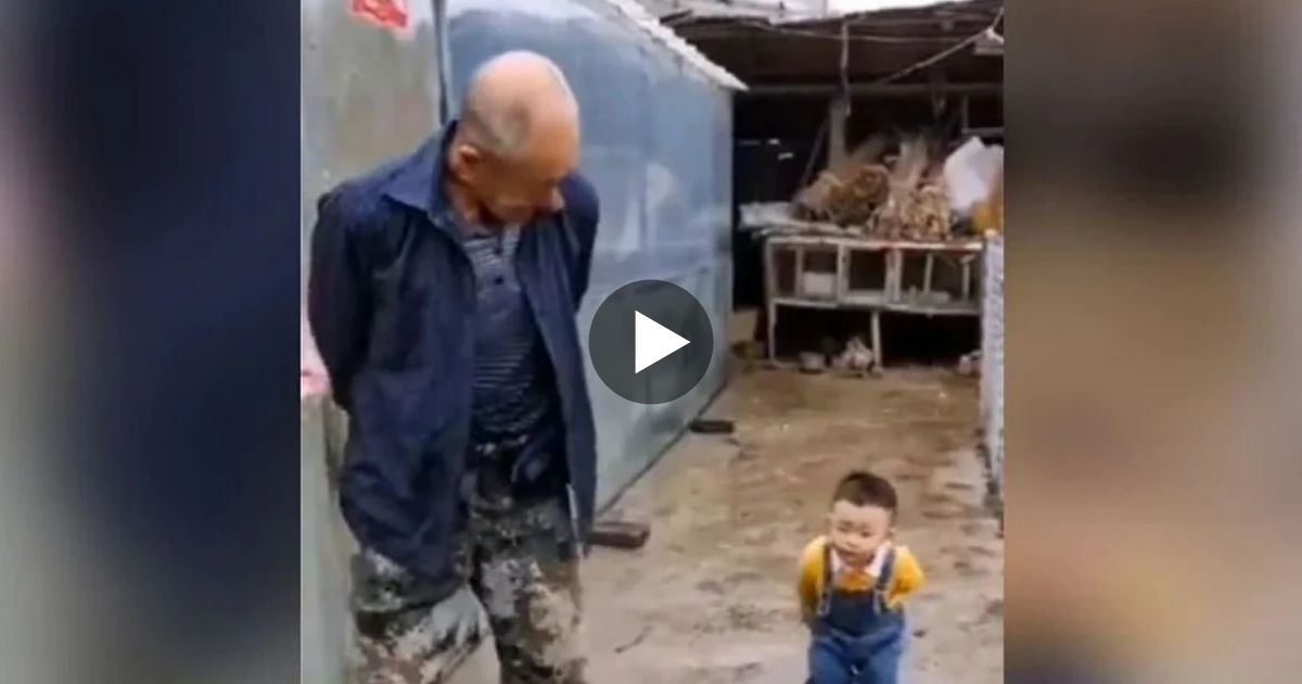 young child imitating the old man